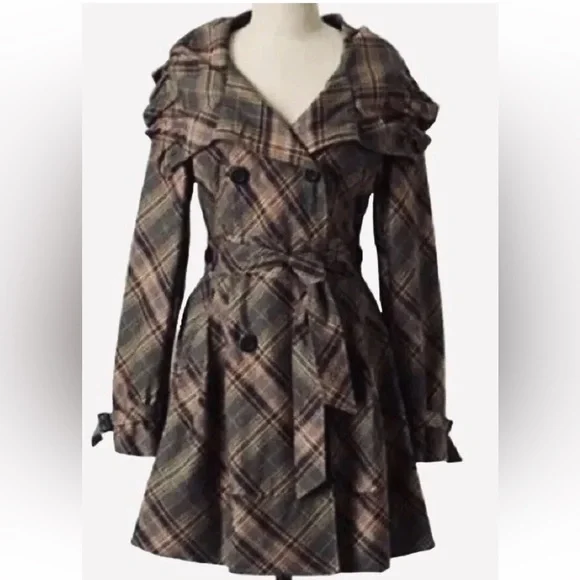 Anthropologie Elevenses Brown Puckered plaid trench coat jacket size 6 - Picture 3 of 9